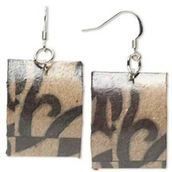 Philippines Artisan Printed Lacquered Tan Brown Paper Geometric Design Earrings - Picture 1 of 1